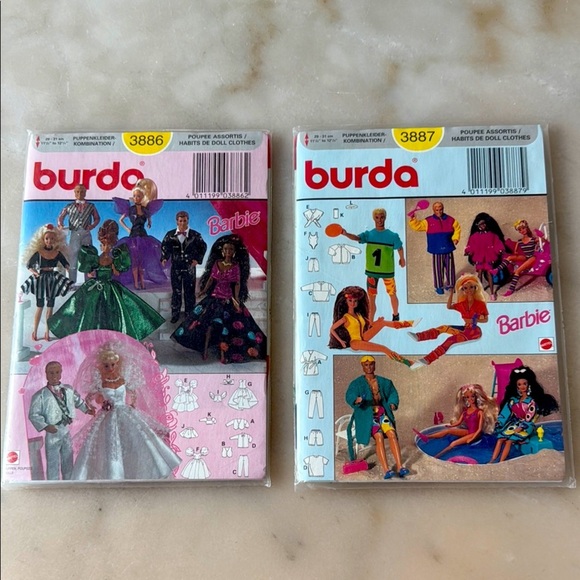 Burda 3886 3887  Barbie Ken Sewing Patterns Doll Clothes Party Swim Wedding NEW - Picture 2 of 12